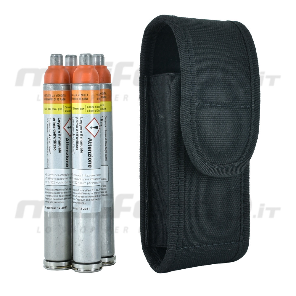 Porta caricatore nero in cordura con quattro cartucce JPX arancioni per pistole autodifesa da cintura