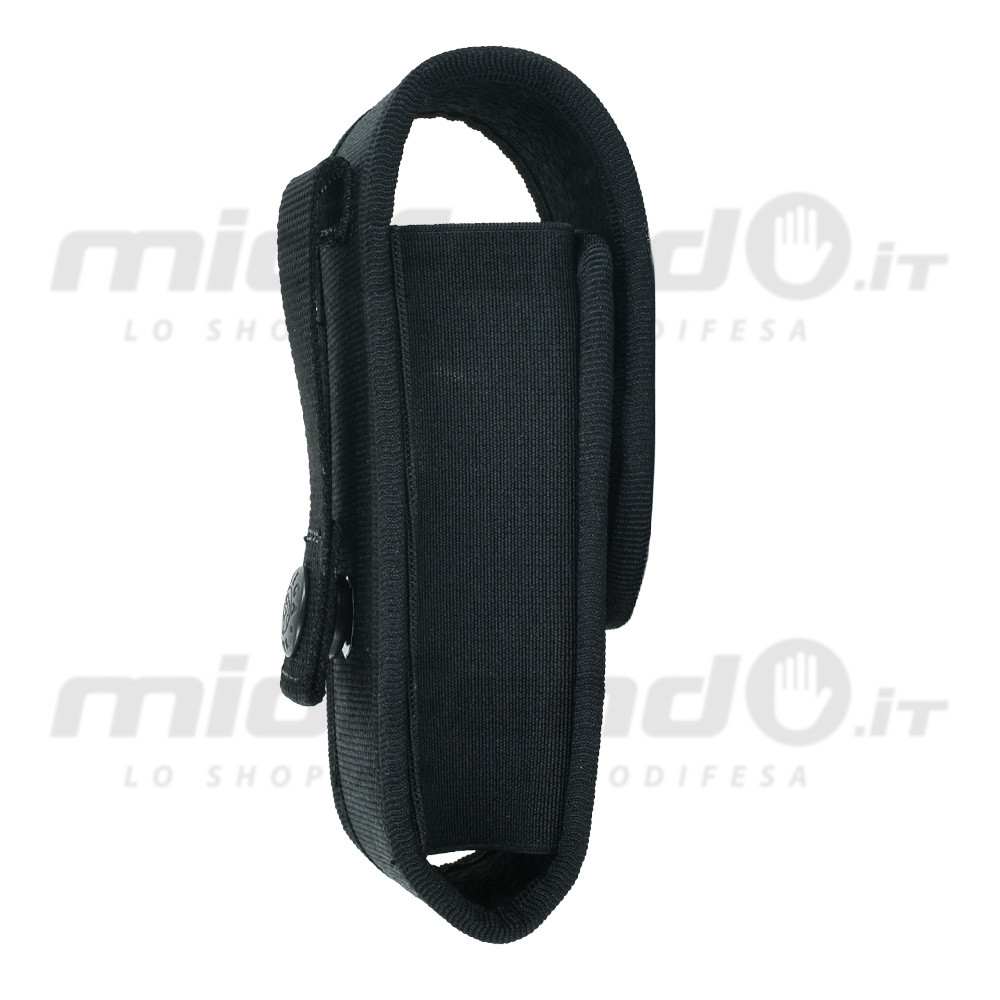 Porta caricatore nero in cordura per cartucce JPX 4 e 6, con clip girevole per aggancio cintura su sfondo bianco