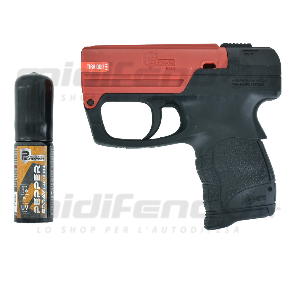 Pistola spray al peperoncino Walther PGS nera e rossa con cartuccia pepper spray Prepared Protect inclusa