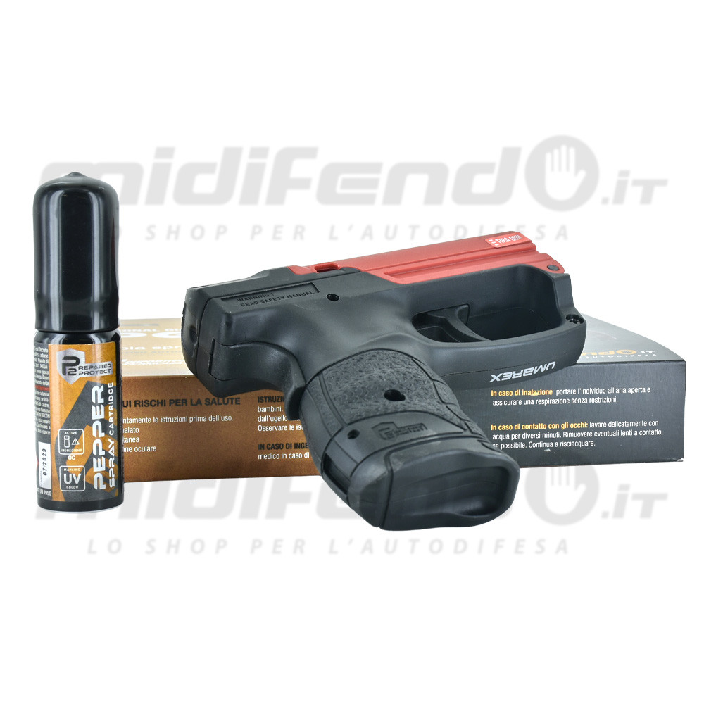 Pistola spray al peperoncino Umarex Walther PGS nera e rossa con ricarica spray inclusa su sfondo bianco