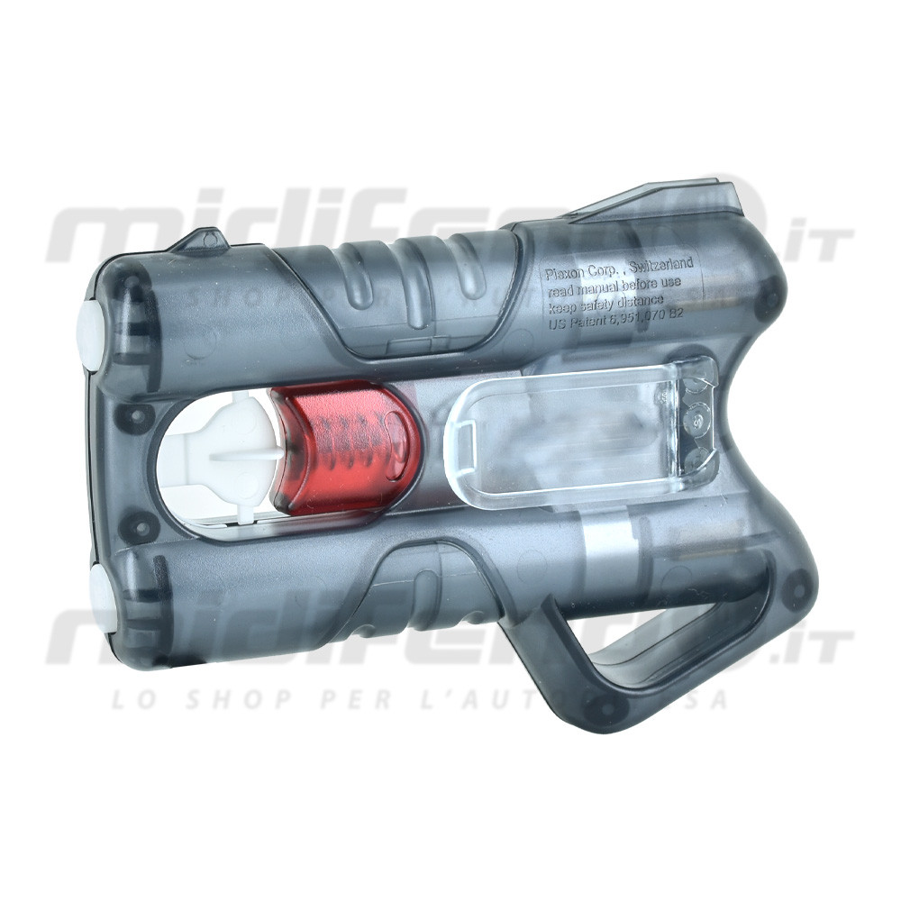 Vista laterale 3/4 pistola spray al peperoncino Piexon con scocca semi-trasparente grigia, cartuccia rossa visibile e impugnatura ergonomica ambidestra