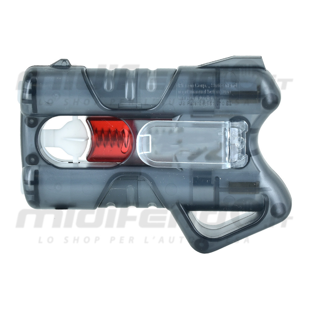 Vista frontale pistola spray al peperoncino semitrasparente con serbatoio rosso interno e meccanismo a molla visibili, impugnatura ergonomica