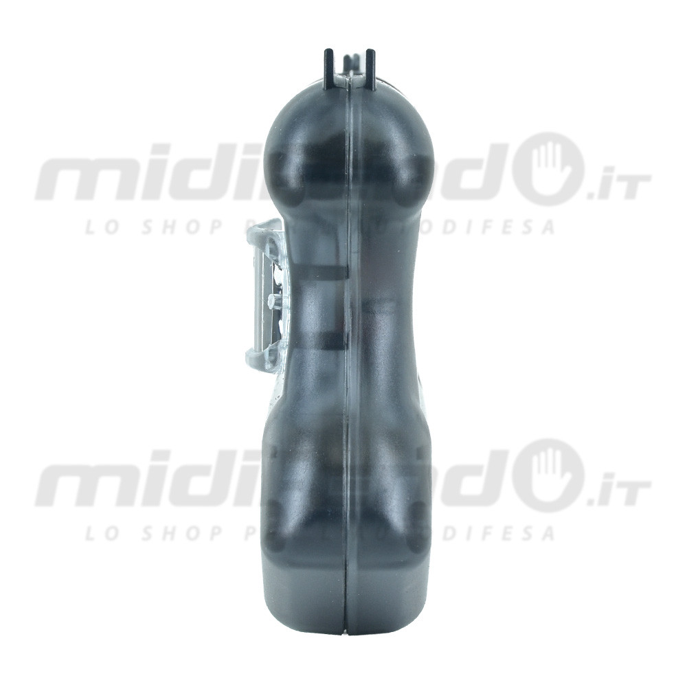 Vista laterale pistola spray al peperoncino nera opaca con clip cintura in plastica trasparente e mirino superiore