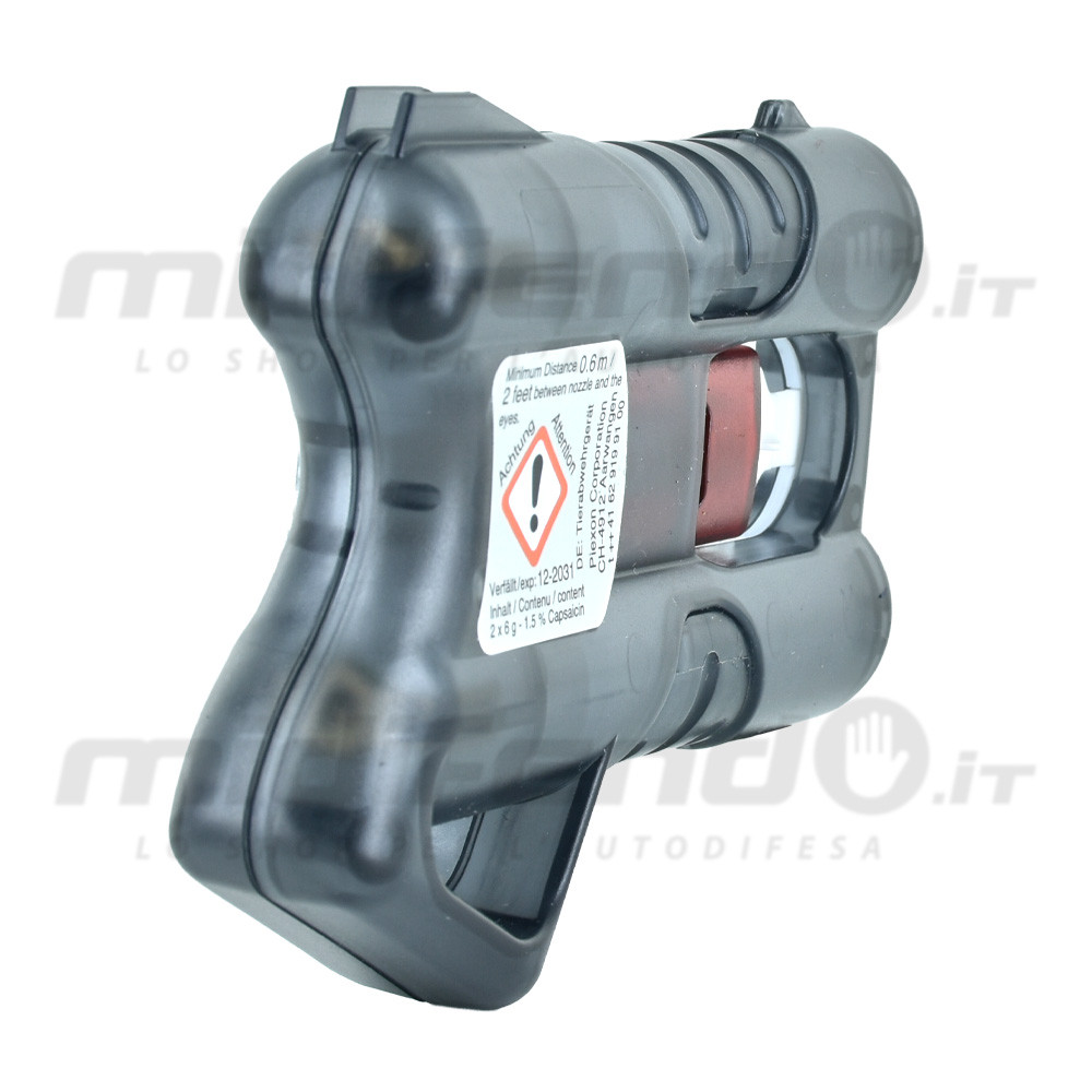 Vista laterale destra pistola spray al peperoncino con scocca trasparente fumè, etichetta pericolo e doppia cartuccia rossa visibile