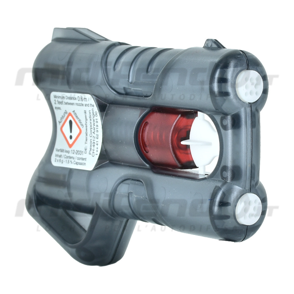 Vista laterale pistola spray al peperoncino Piexon compatta grigia scura con doppia cartuccia rossa visibile, impugnatura ergonomica e sicura bianca