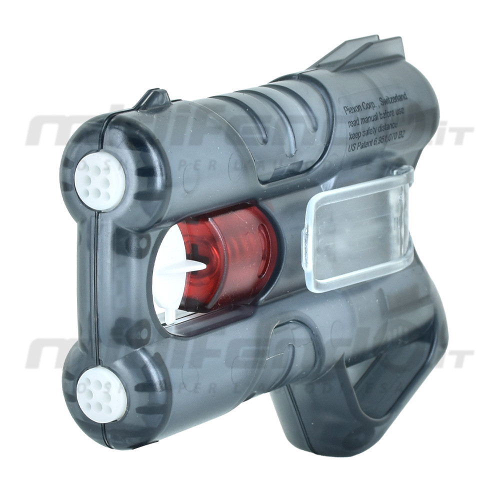 Vista laterale 3/4 pistola spray al peperoncino Piexon corpo trasparente grigio con cartuccia rossa visibile e sicura trasparente