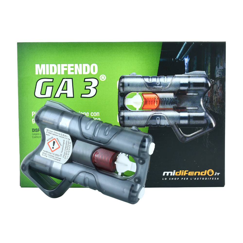 Pistola spray al peperoncino Midifendo GA3 grigia con cartucce rosse visibili, appoggiata davanti alla confezione verde originale