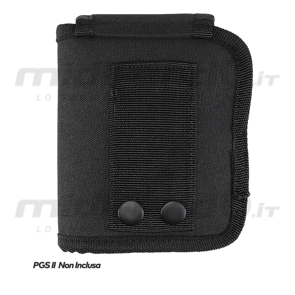 Fondina nera in cordura per pistola UMAREX PGS 2 con chiusura velcro e attacco cintura, vista frontale su sfondo bianco