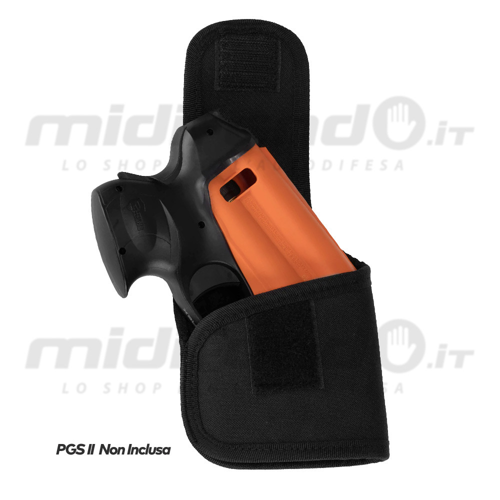 Fondina nera in tessuto Cordura con pistola UMAREX PGS 2 arancione e nera, chiusura velcro, attacco cintura